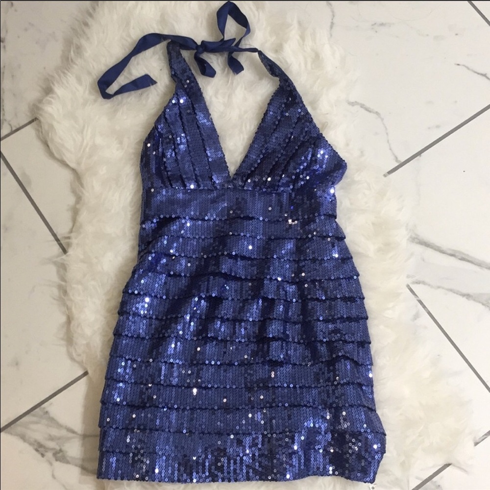 Blue sequin halter party dress